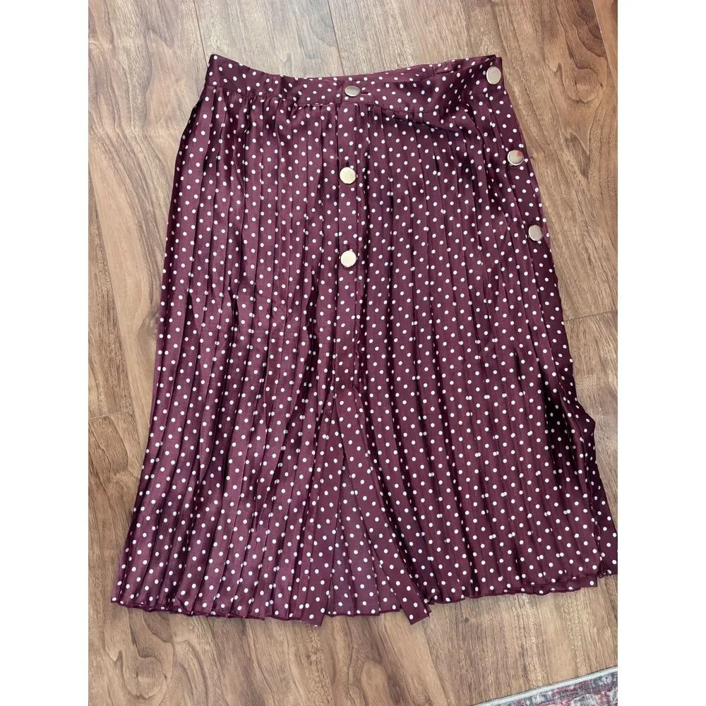 Zara Polka Dot Pleated Midi Skirt Burgundy Wine Button Front Large NWT